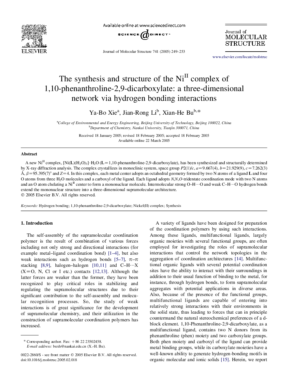 The synthesis and structure of the NiII complex of 1,10-phenanthroline-2,9-dicarboxylate: a three-dimensional network via hydrogen bonding interactions