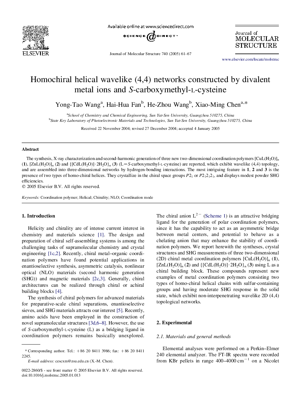 Homochiral helical wavelike (4,4) networks constructed by divalent metal ions and S-carboxymethyl-l-cysteine