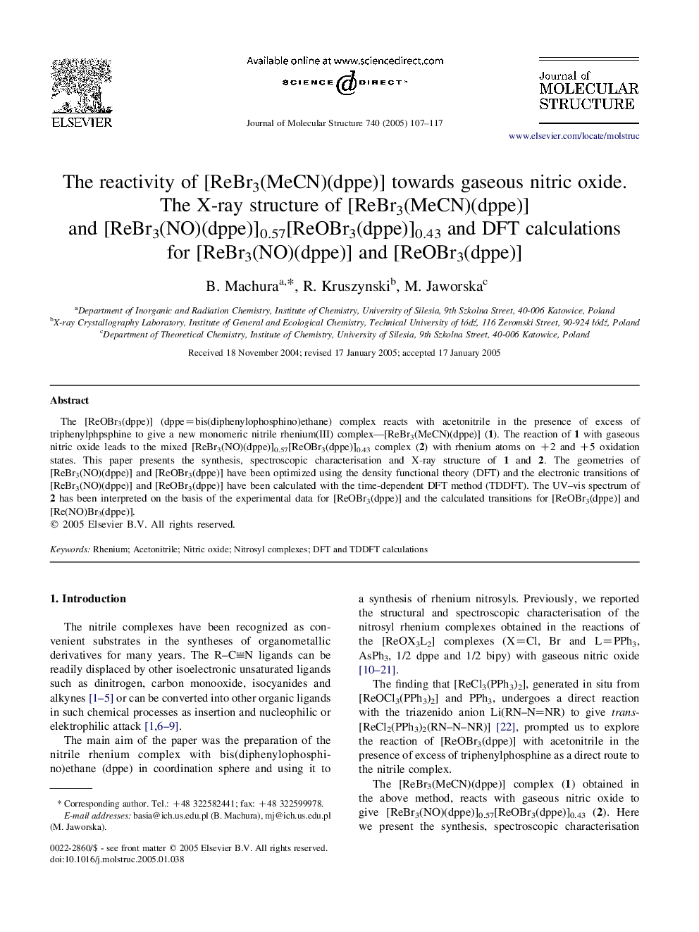 The reactivity of [ReBr3(MeCN)(dppe)] towards gaseous nitric oxide. The X-ray structure of [ReBr3(MeCN)(dppe)] and [ReBr3(NO)(dppe)]0.57[ReOBr3(dppe)]0.43 and DFT calculations for [ReBr3(NO)(dppe)] and [ReOBr3(dppe)]