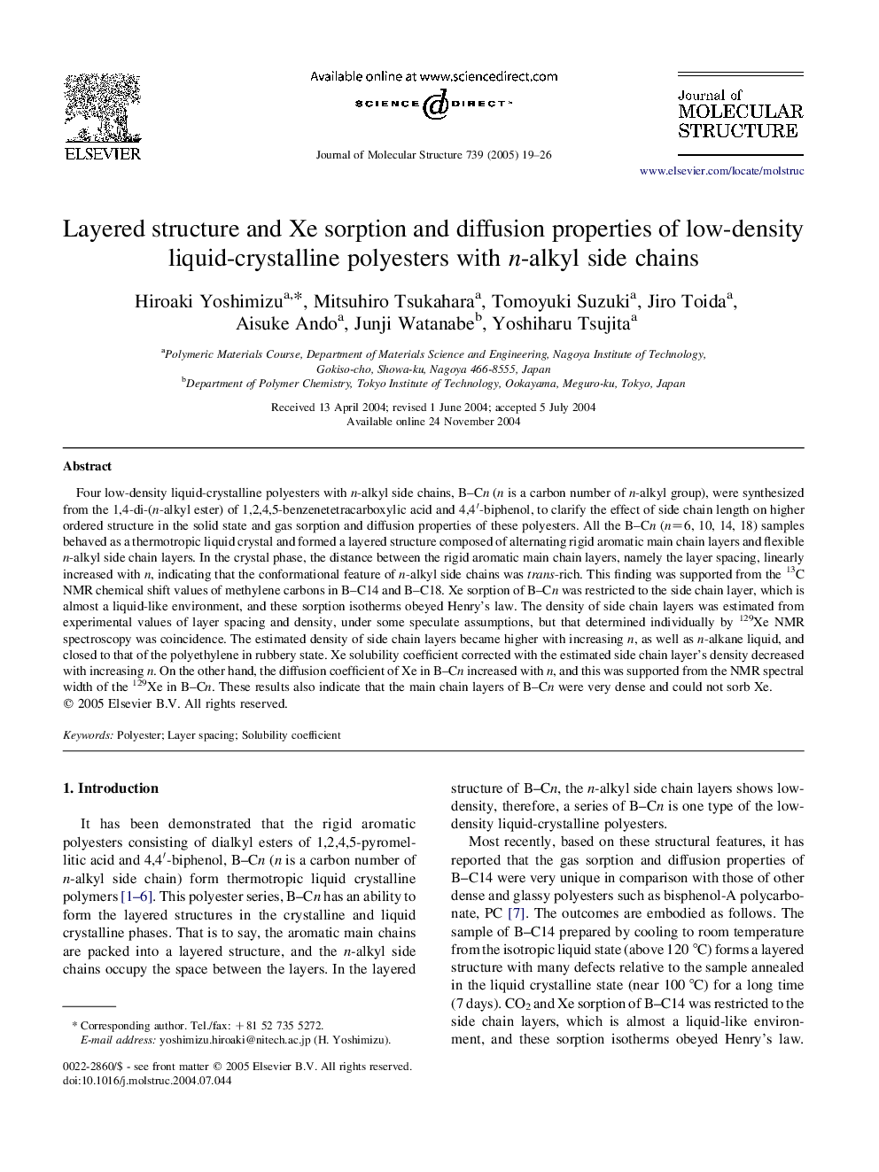 Layered structure and Xe sorption and diffusion properties of low-density liquid-crystalline polyesters with n-alkyl side chains