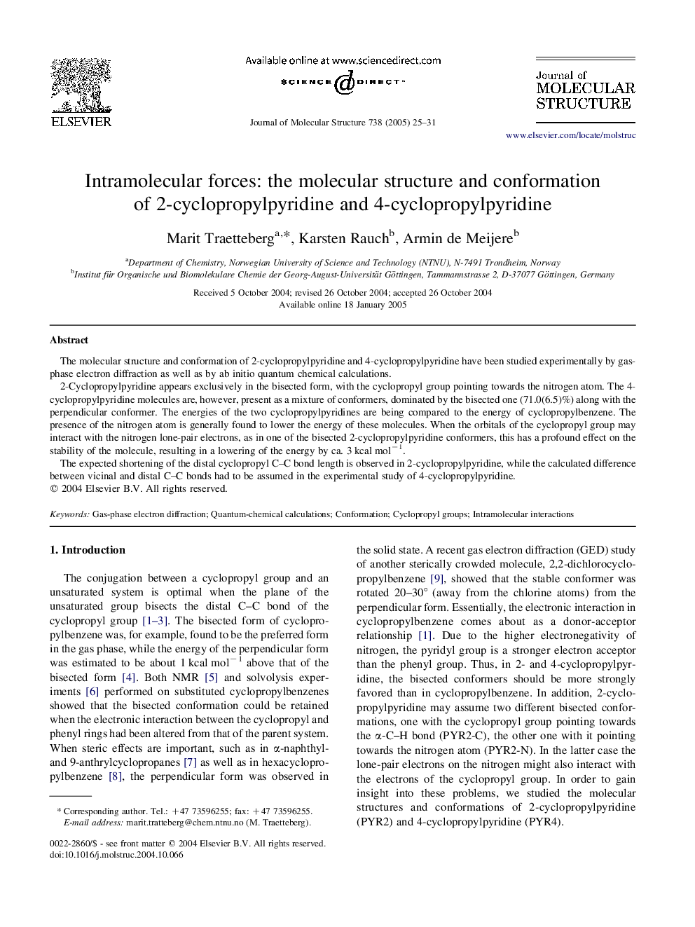 Intramolecular forces: the molecular structure and conformation of 2-cyclopropylpyridine and 4-cyclopropylpyridine