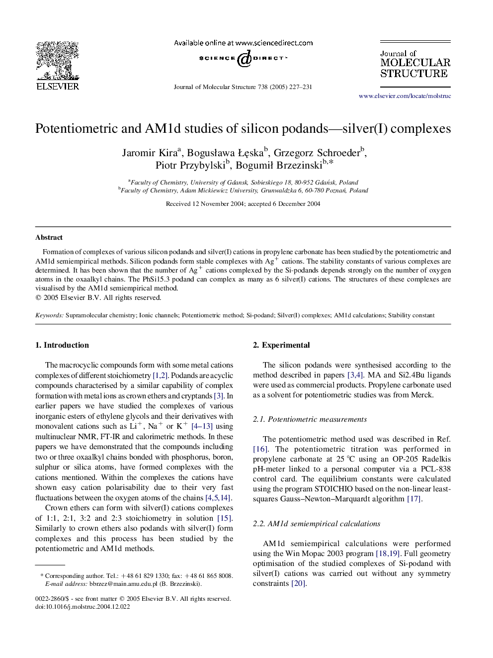 Potentiometric and AM1d studies of silicon podands-silver(I) complexes