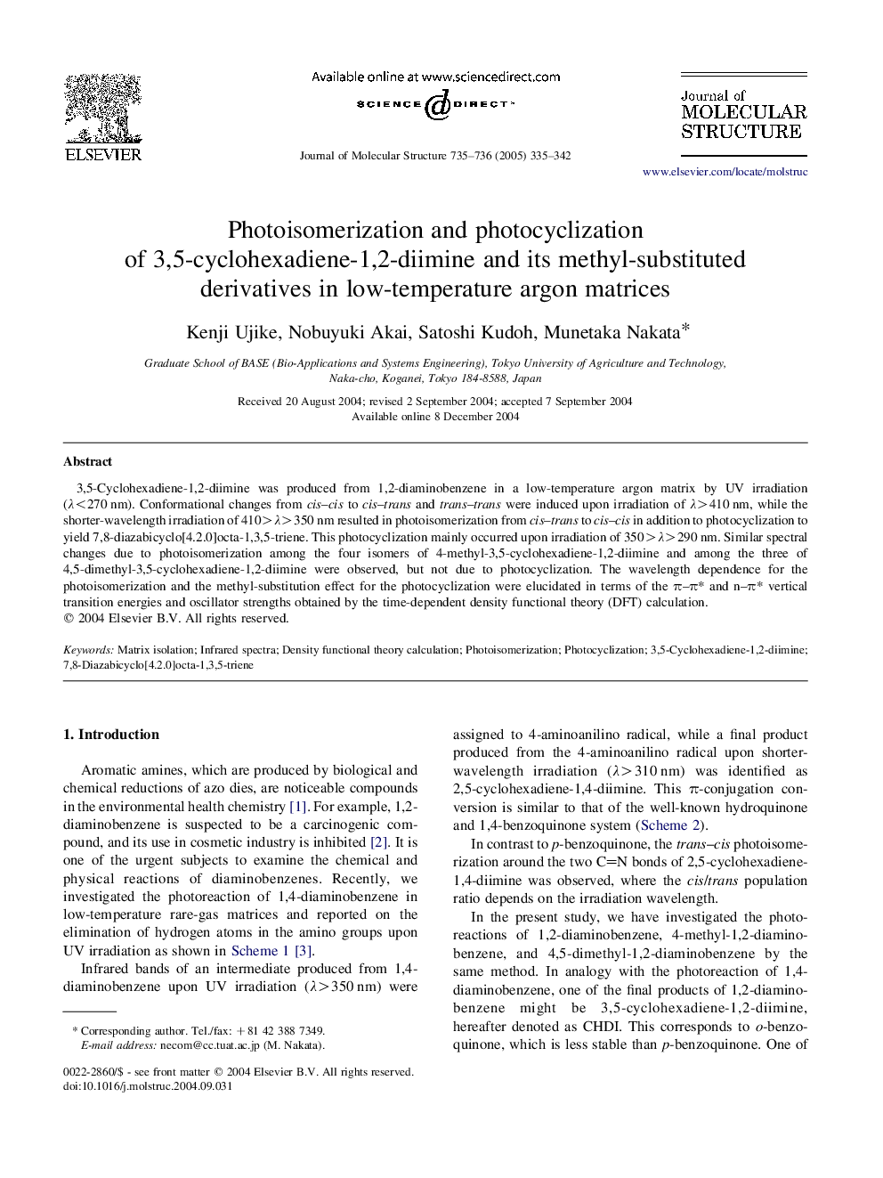 Photoisomerization and photocyclization of 3,5-cyclohexadiene-1,2-diimine and its methyl-substituted derivatives in low-temperature argon matrices