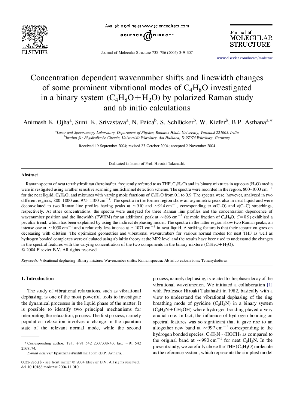 Concentration dependent wavenumber shifts and linewidth changes of some prominent vibrational modes of C4H8O investigated in a binary system (C4H8O+H2O) by polarized Raman study and ab initio calculations