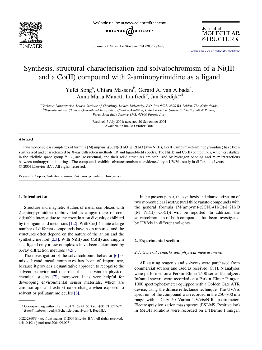 Synthesis, structural characterisation and solvatochromism of a Ni(II) and a Co(II) compound with 2-aminopyrimidine as a ligand