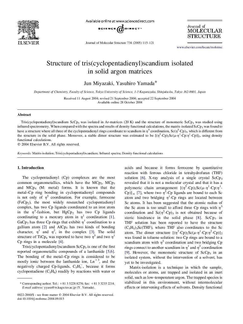 Structure of tris(cyclopentadienyl)scandium isolated in solid argon matrices