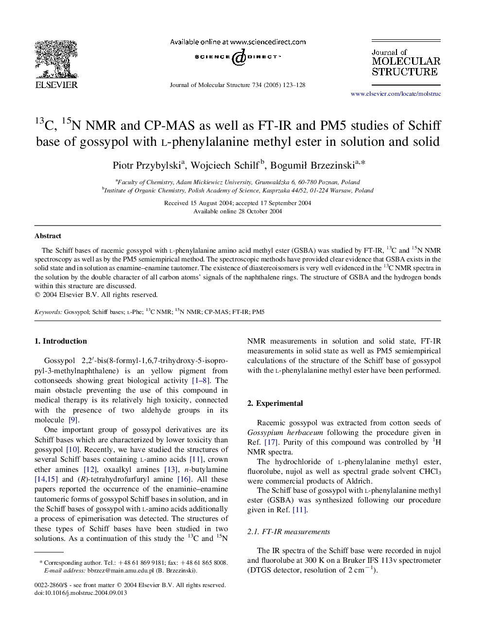 13C, 15N NMR and CP-MAS as well as FT-IR and PM5 studies of Schiff base of gossypol with l-phenylalanine methyl ester in solution and solid