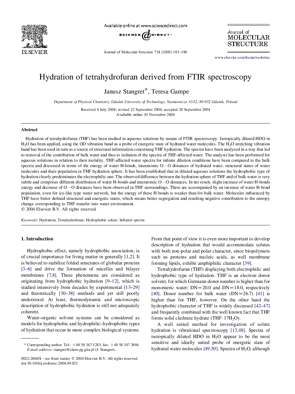 Hydration of tetrahydrofuran derived from FTIR spectroscopy