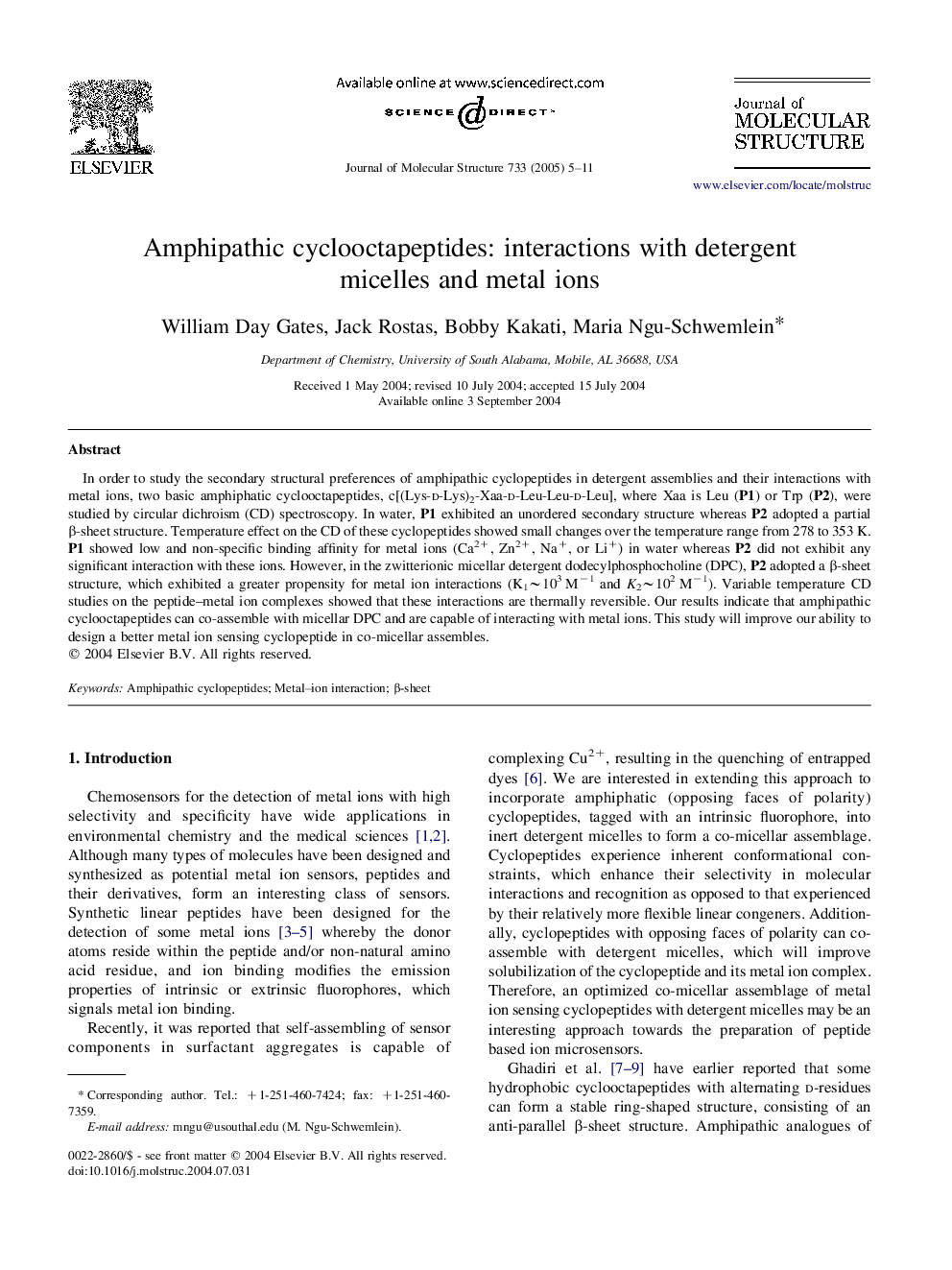 Amphipathic cyclooctapeptides: interactions with detergent micelles and metal ions