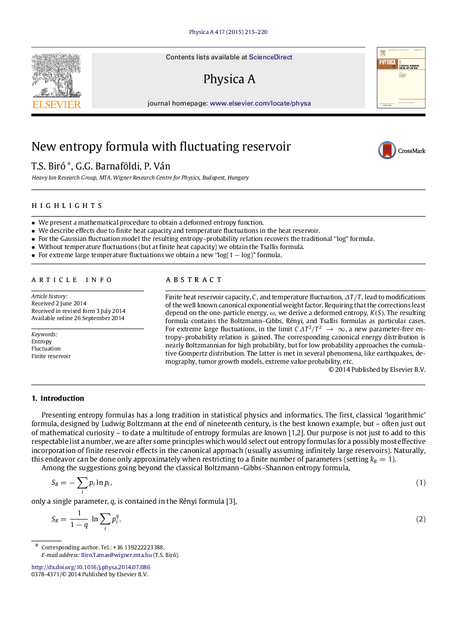 New entropy formula with fluctuating reservoir