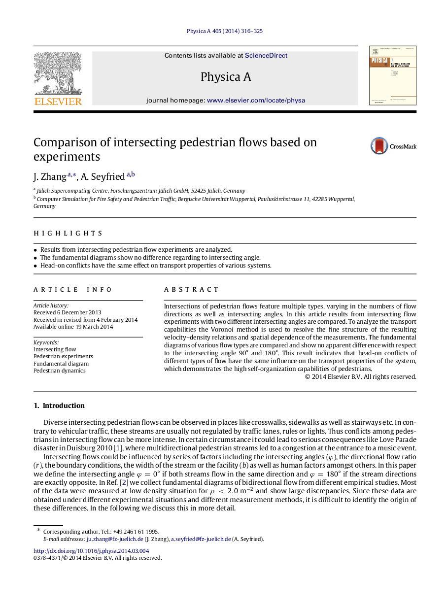 Comparison of intersecting pedestrian flows based on experiments