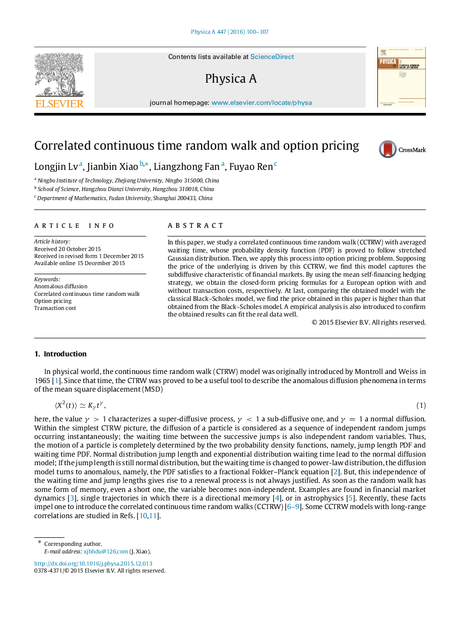 Correlated continuous time random walk and option pricing