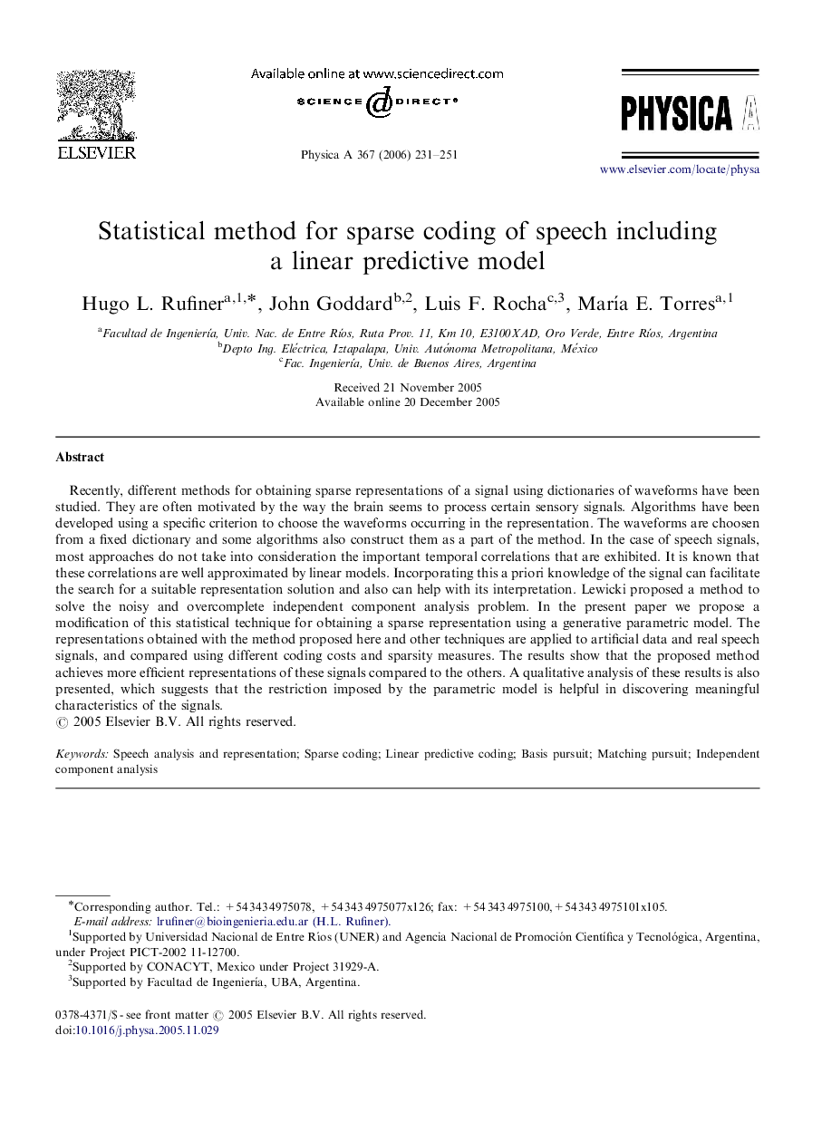 Statistical method for sparse coding of speech including a linear predictive model