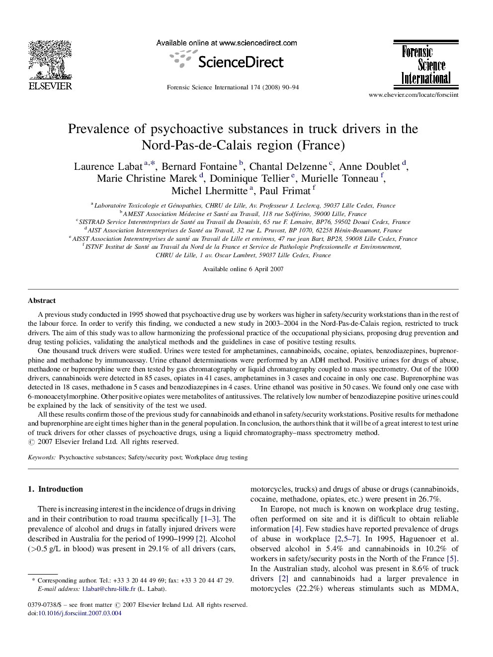 Prevalence of psychoactive substances in truck drivers in the Nord-Pas-de-Calais region (France)