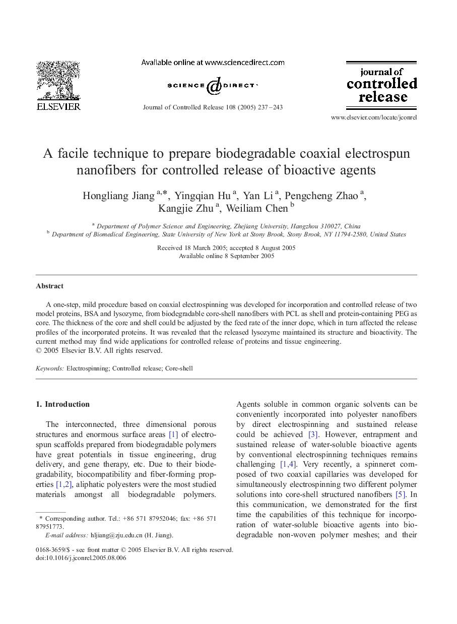 A facile technique to prepare biodegradable coaxial electrospun nanofibers for controlled release of bioactive agents