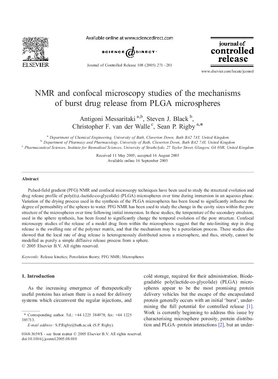 NMR and confocal microscopy studies of the mechanisms of burst drug release from PLGA microspheres