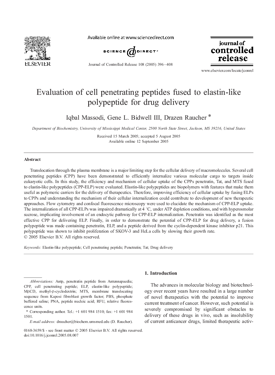 Evaluation of cell penetrating peptides fused to elastin-like polypeptide for drug delivery