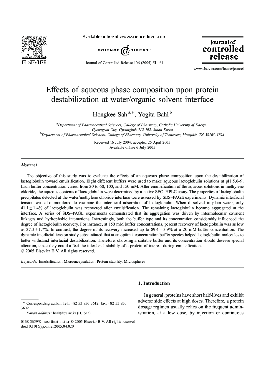 Effects of aqueous phase composition upon protein destabilization at water/organic solvent interface