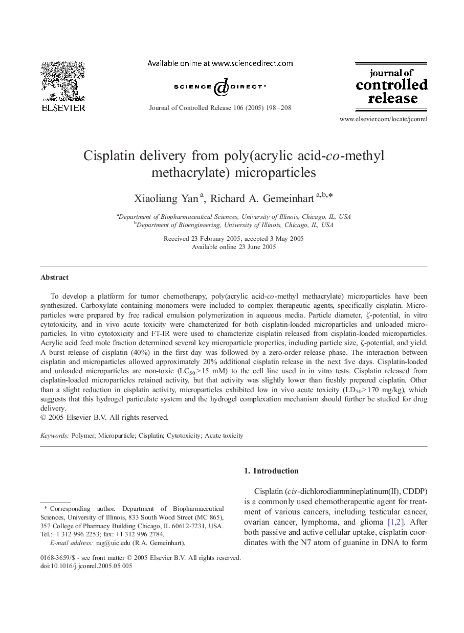 Cisplatin delivery from poly(acrylic acid-co-methyl methacrylate) microparticles