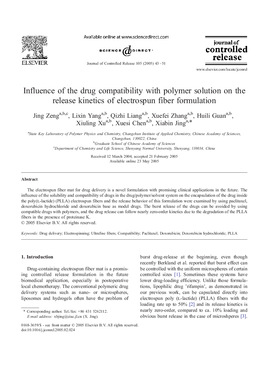 Influence of the drug compatibility with polymer solution on the release kinetics of electrospun fiber formulation