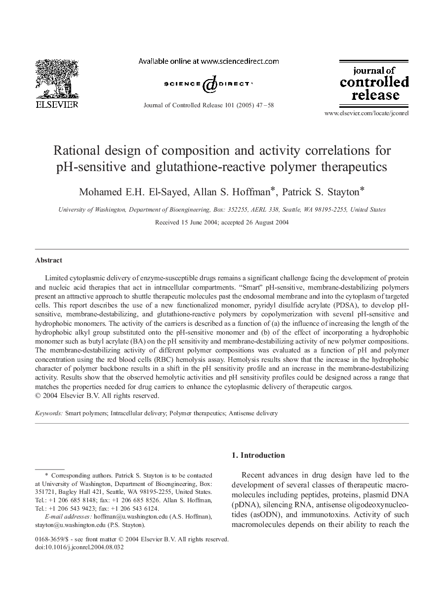 Rational design of composition and activity correlations for pH-sensitive and glutathione-reactive polymer therapeutics