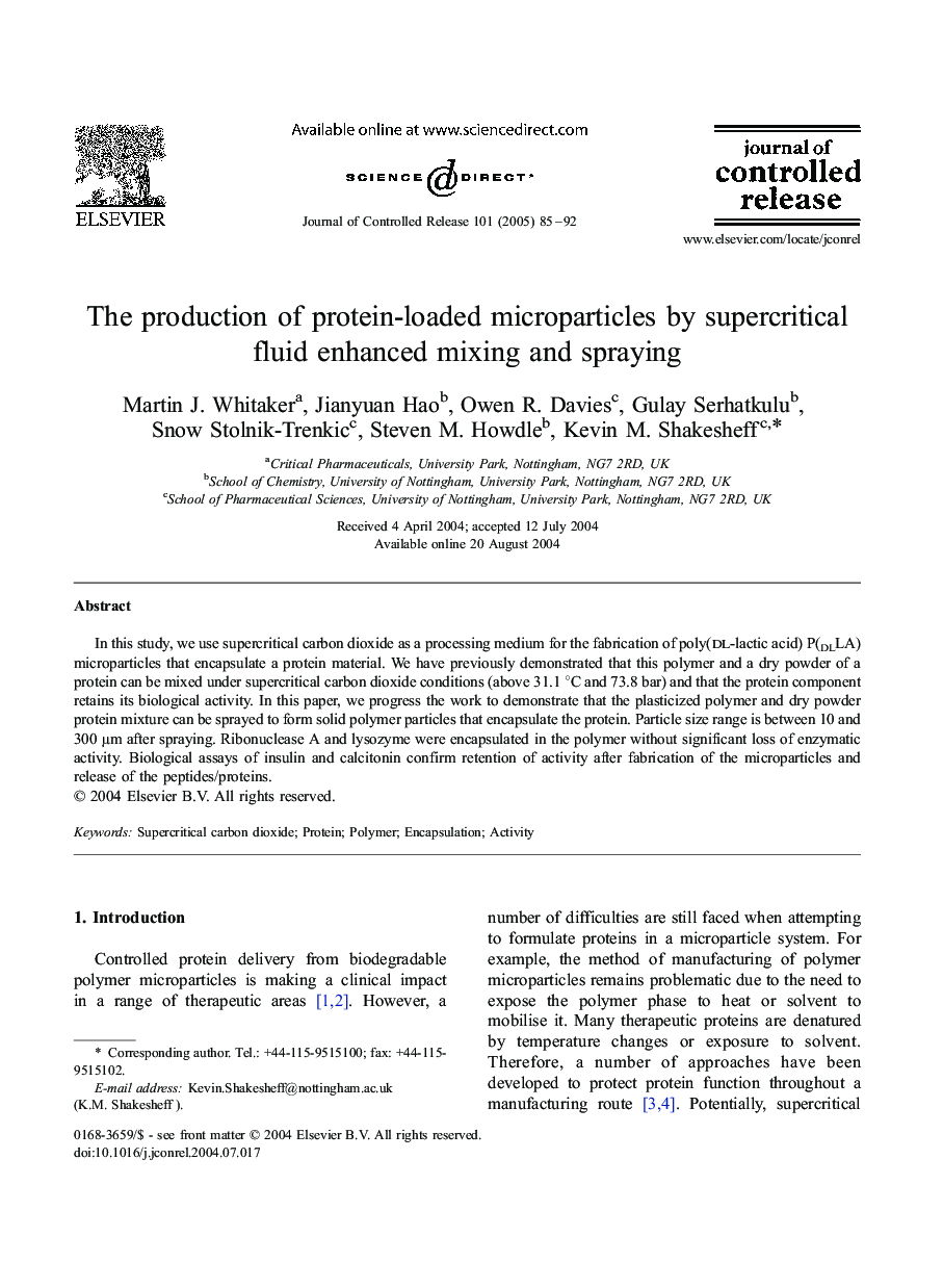 The production of protein-loaded microparticles by supercritical fluid enhanced mixing and spraying