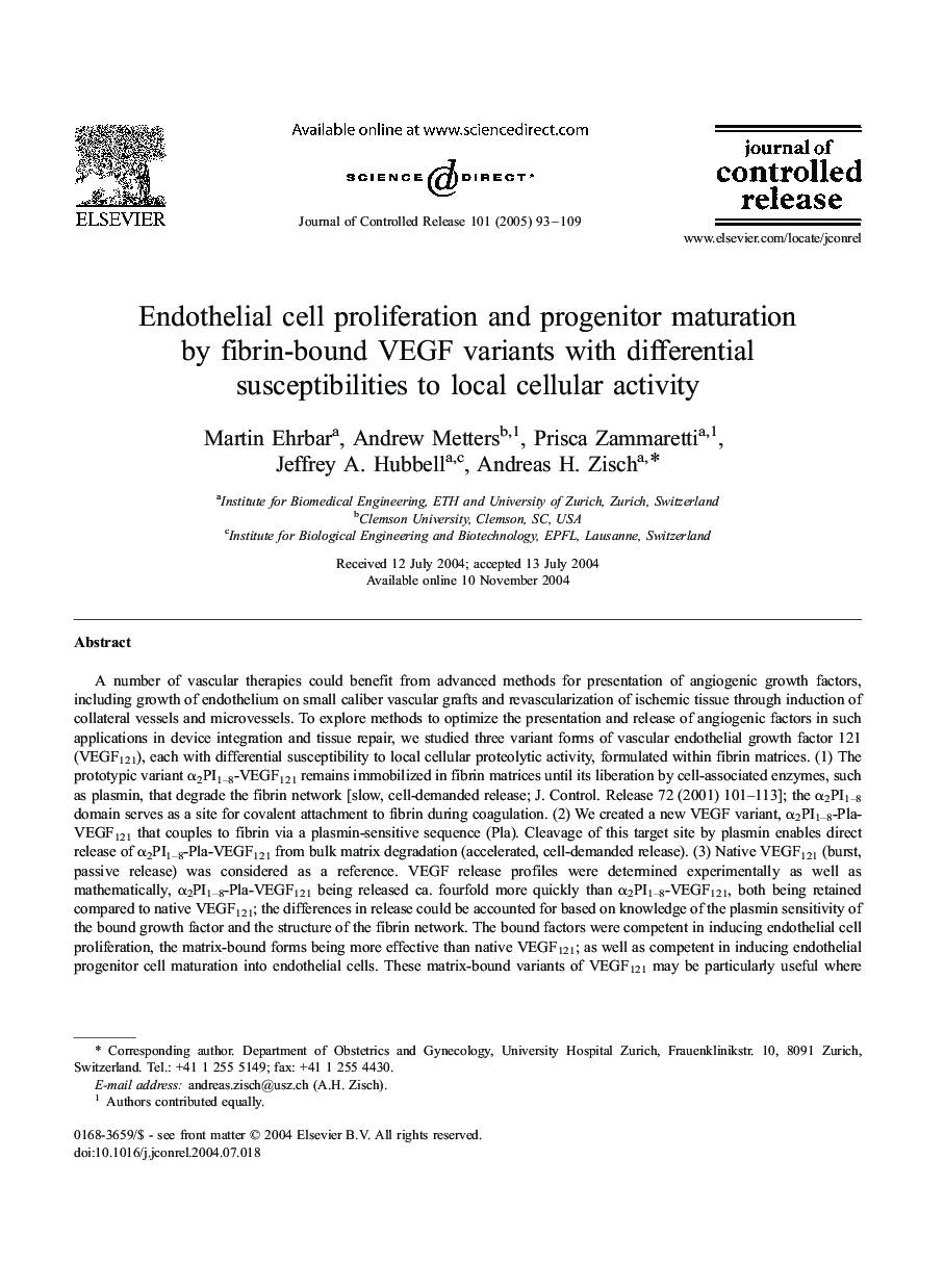 Endothelial cell proliferation and progenitor maturation by fibrin-bound VEGF variants with differential susceptibilities to local cellular activity