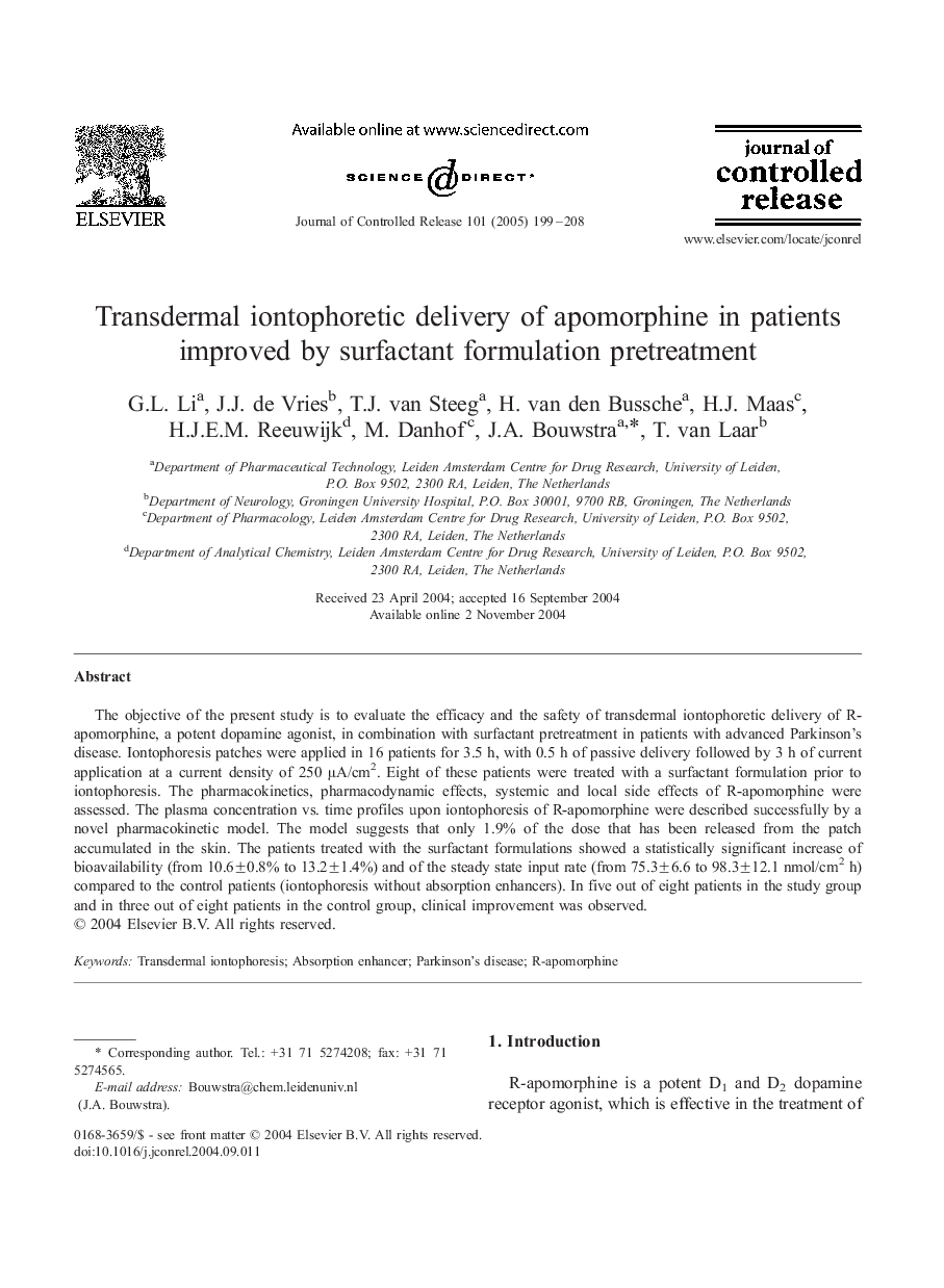 Transdermal iontophoretic delivery of apomorphine in patients improved by surfactant formulation pretreatment