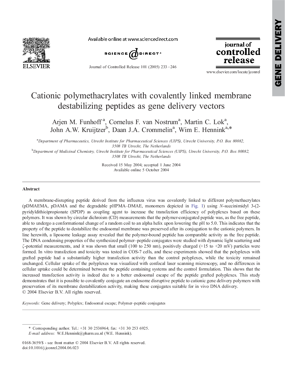 Cationic polymethacrylates with covalently linked membrane destabilizing peptides as gene delivery vectors