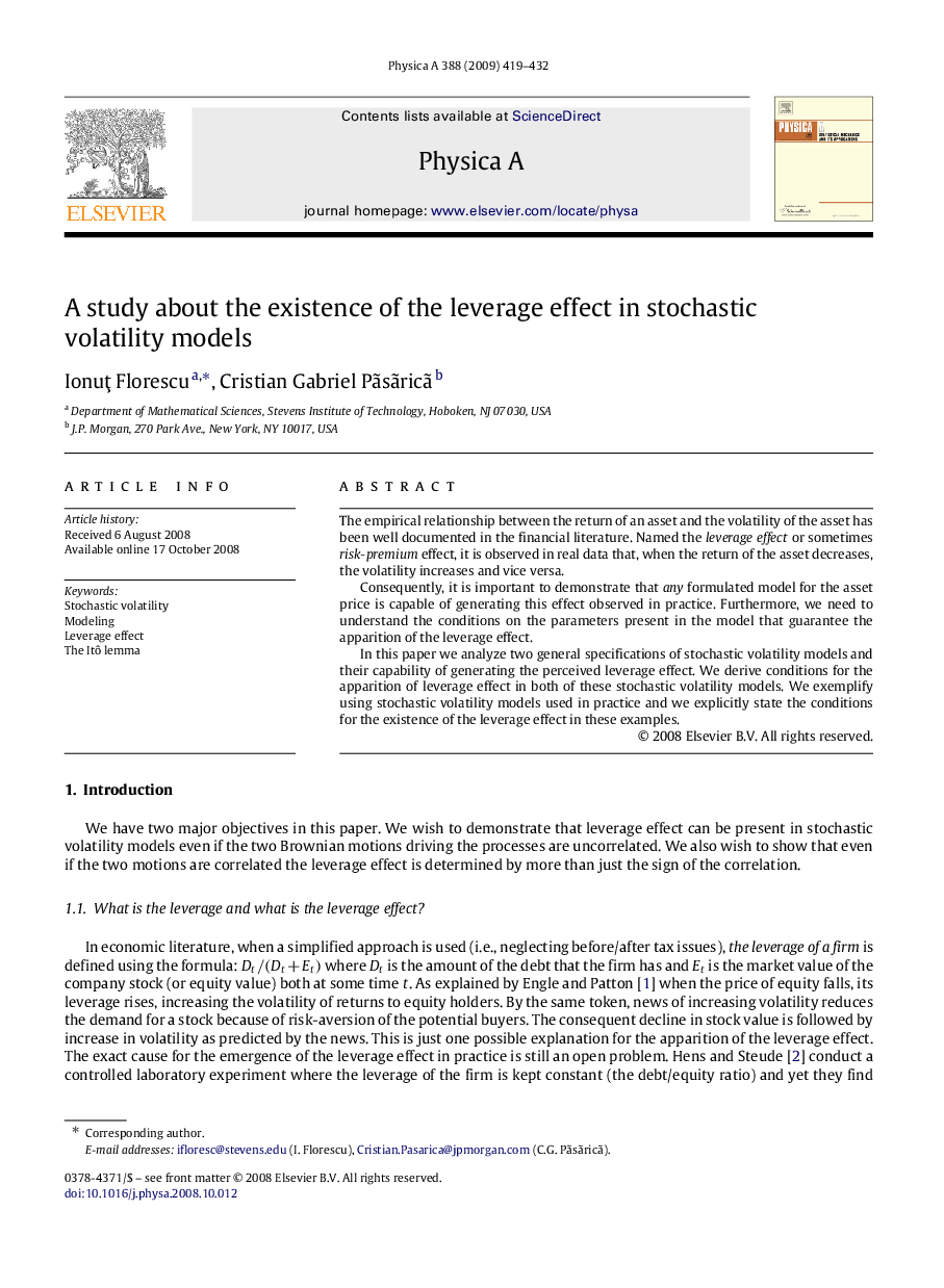 A study about the existence of the leverage effect in stochastic volatility models