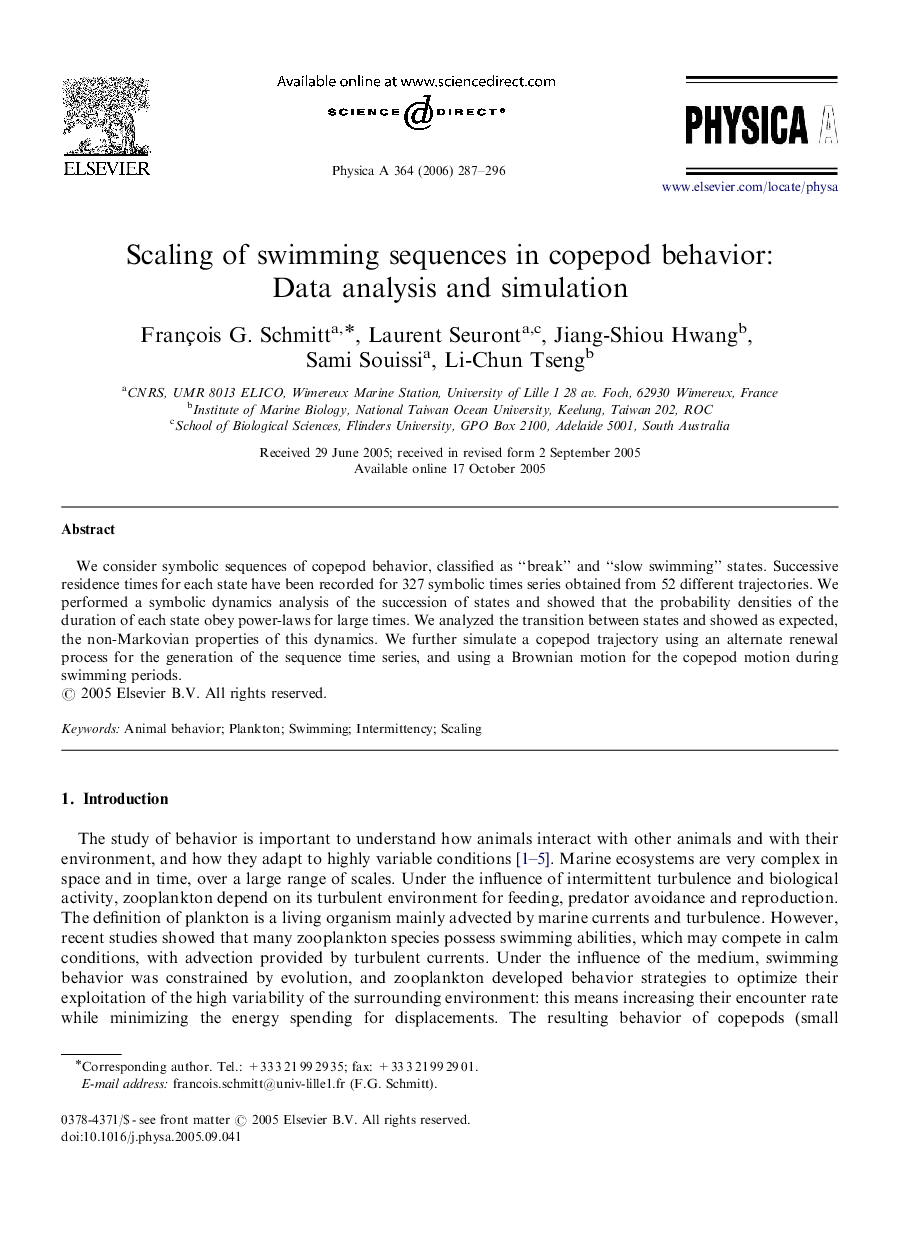 Scaling of swimming sequences in copepod behavior: Data analysis and simulation