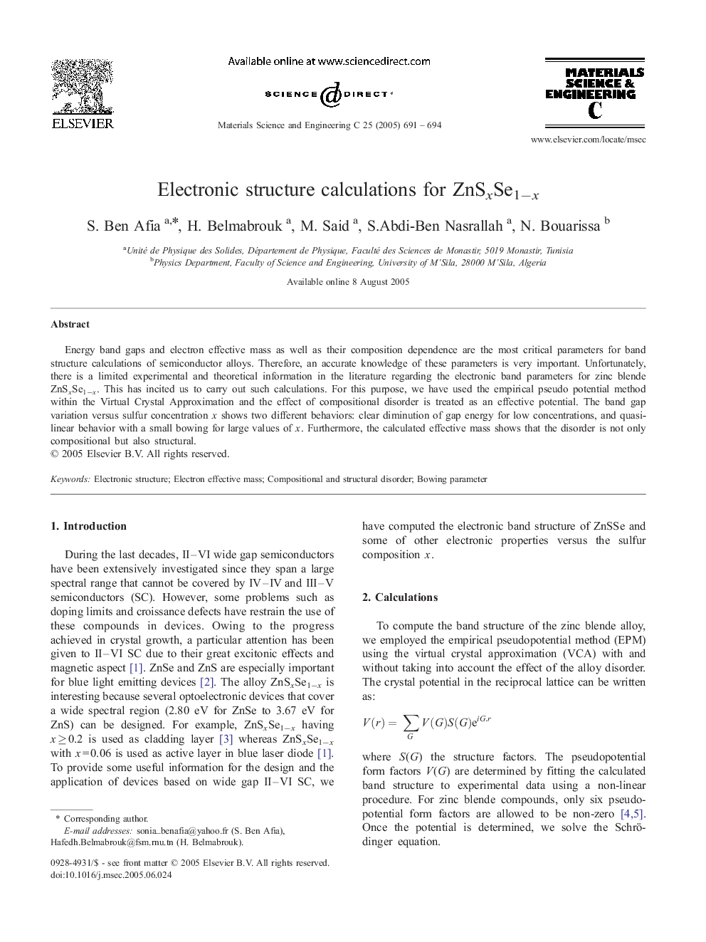 Electronic structure calculations for ZnSxSe1âx