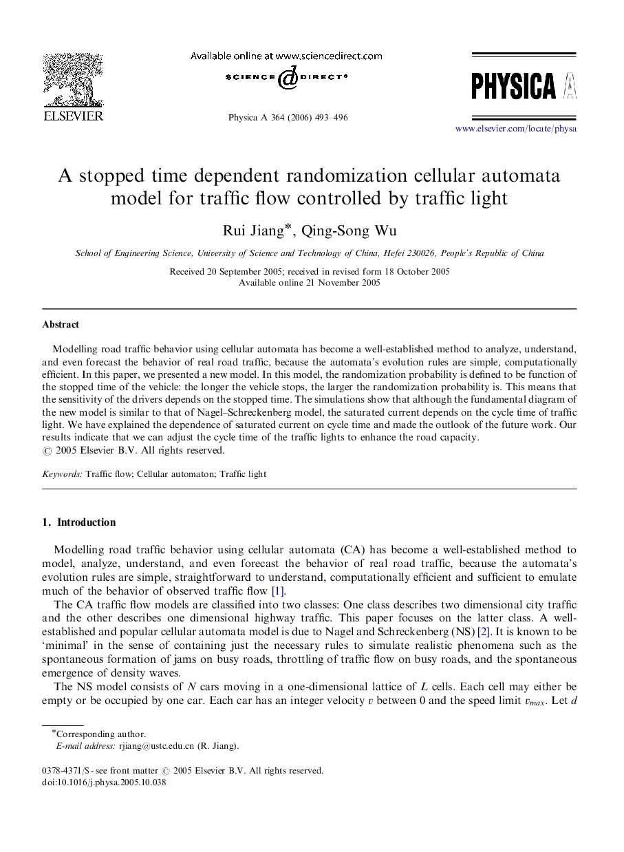 A stopped time dependent randomization cellular automata model for traffic flow controlled by traffic light