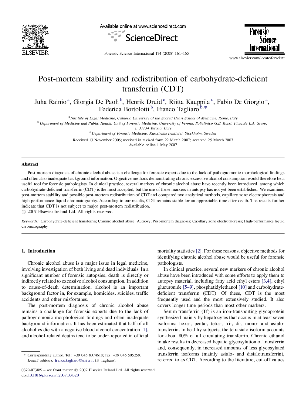 Post-mortem stability and redistribution of carbohydrate-deficient transferrin (CDT)