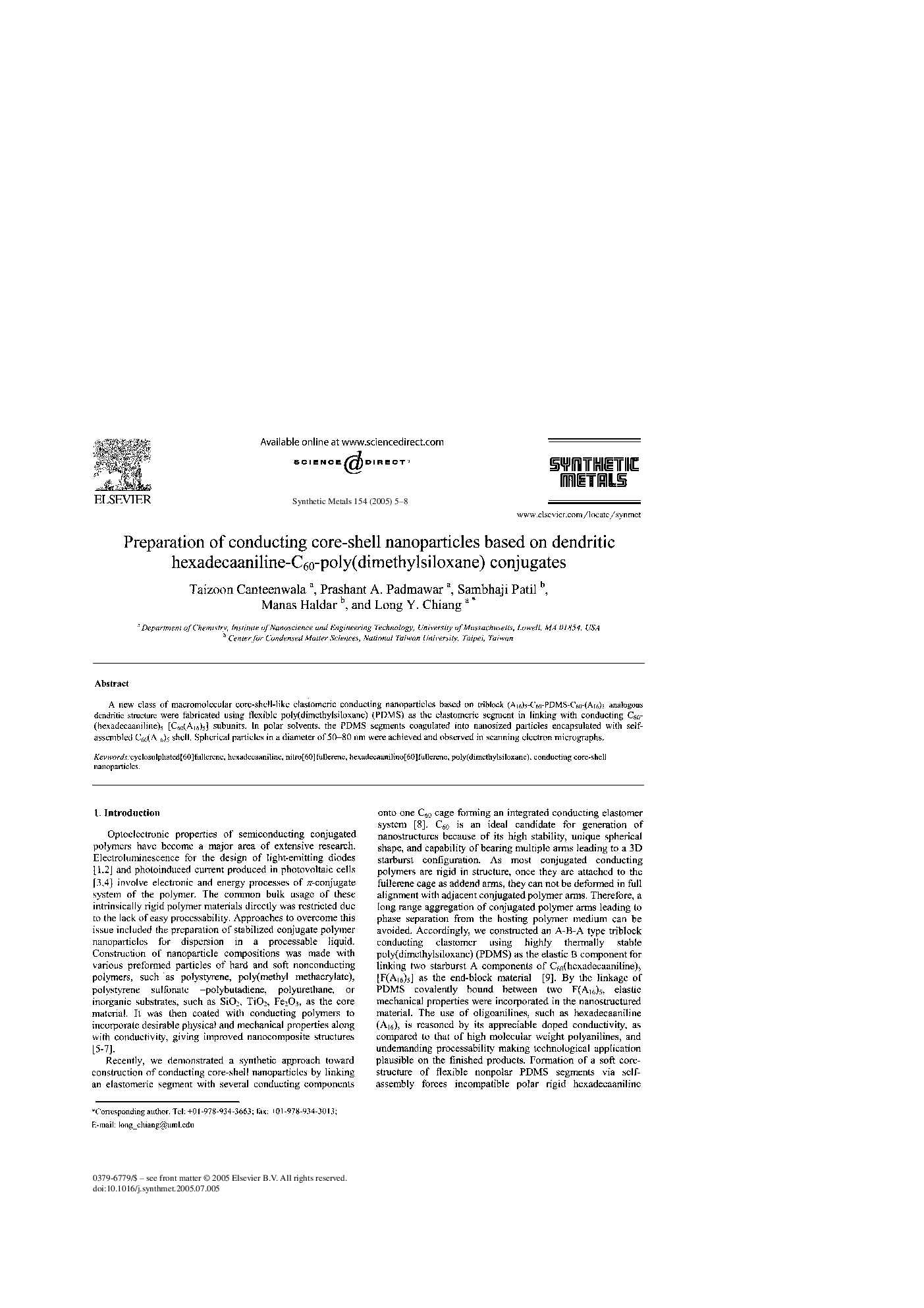 Preparation of conducting core-shell nanoparticles based on dendritic hexadecaaniline-C60-poly(dimethylsiloxane) conjugates