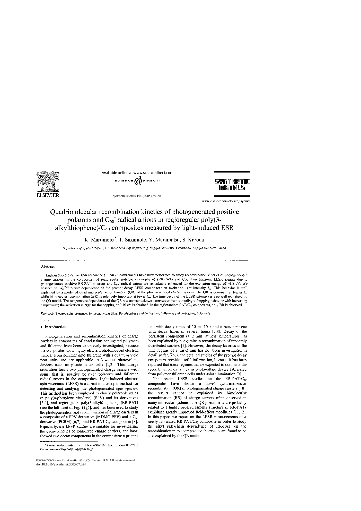 Quadrimolecular recombination kinetics of photogenerated positive polarons and C60â radical anions in regioregular poly(3-alkylthiophene)/C60 composites measured by light-induced ESR