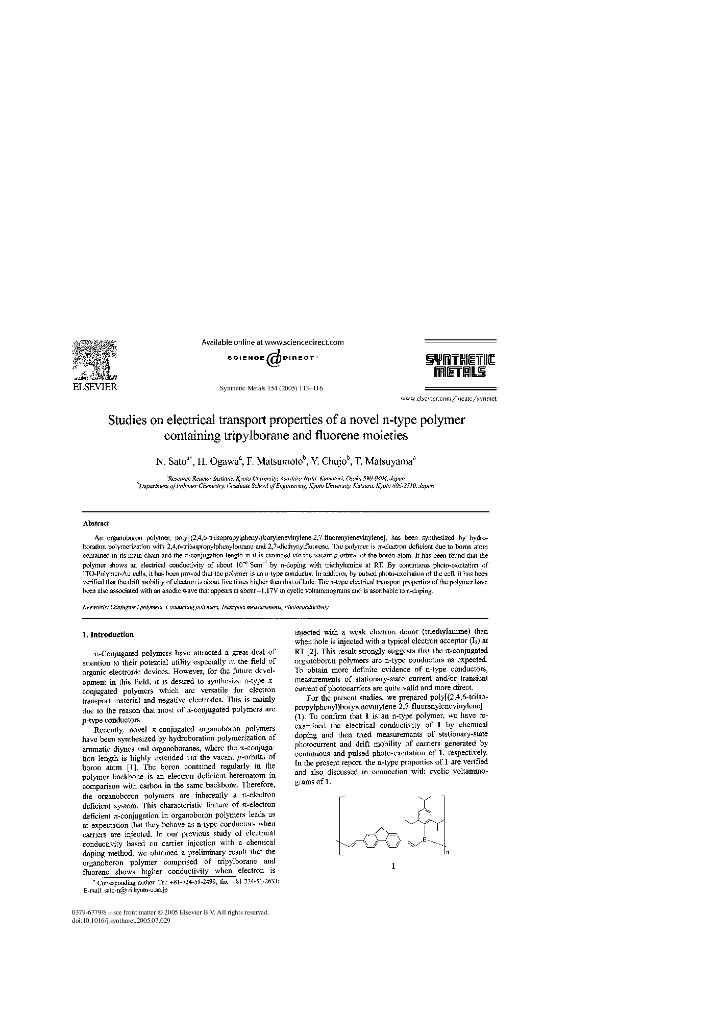 Studies on electrical transport properties of a novel n-type polymer containing tripylborane and fluorene moieties