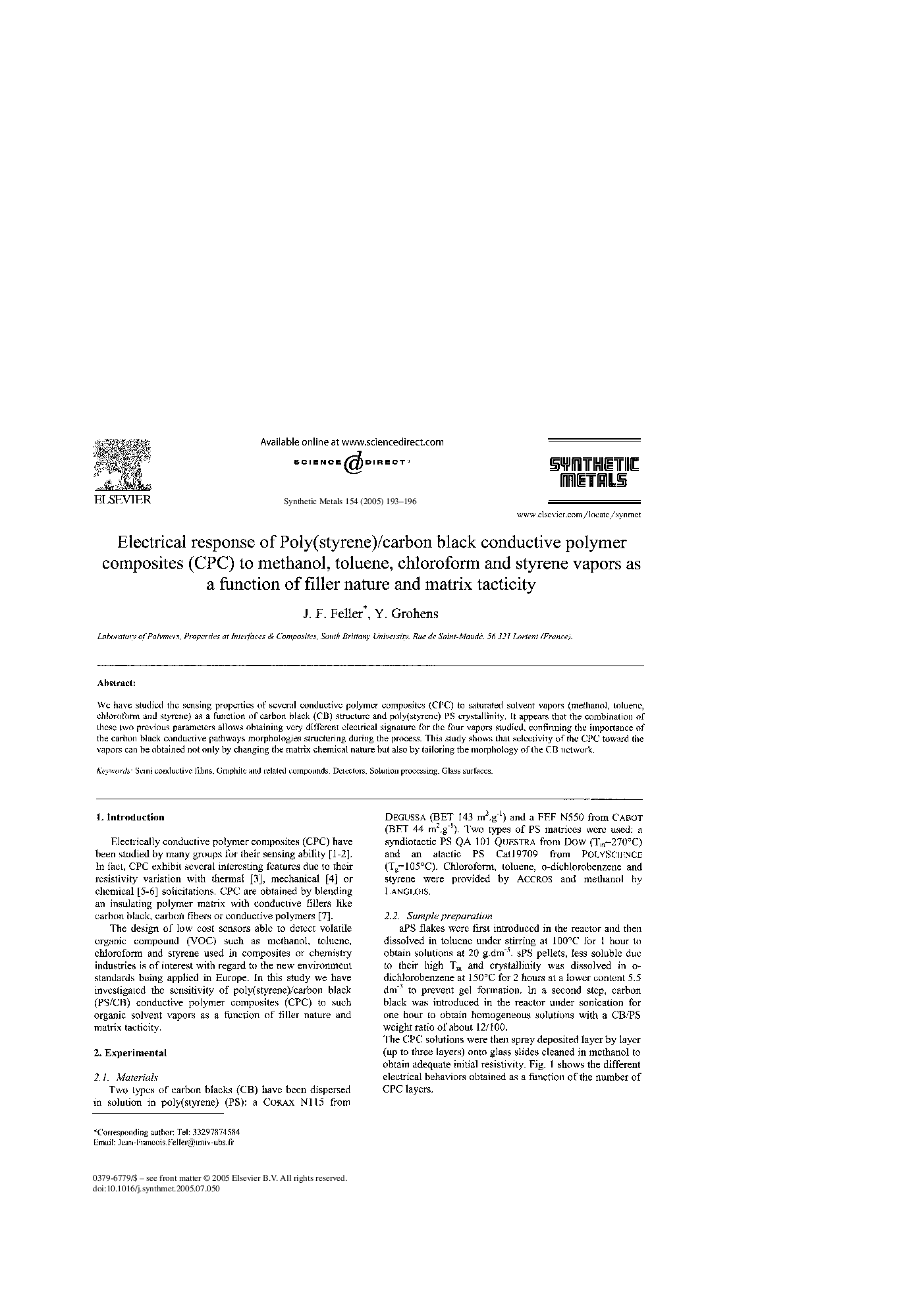 Electrical response of Poly(styrene)/carbon black conductive polymer composites (CPC) to methanol, toluene, chloroform and styrene vapors as a function of filler nature and matrix tacticity