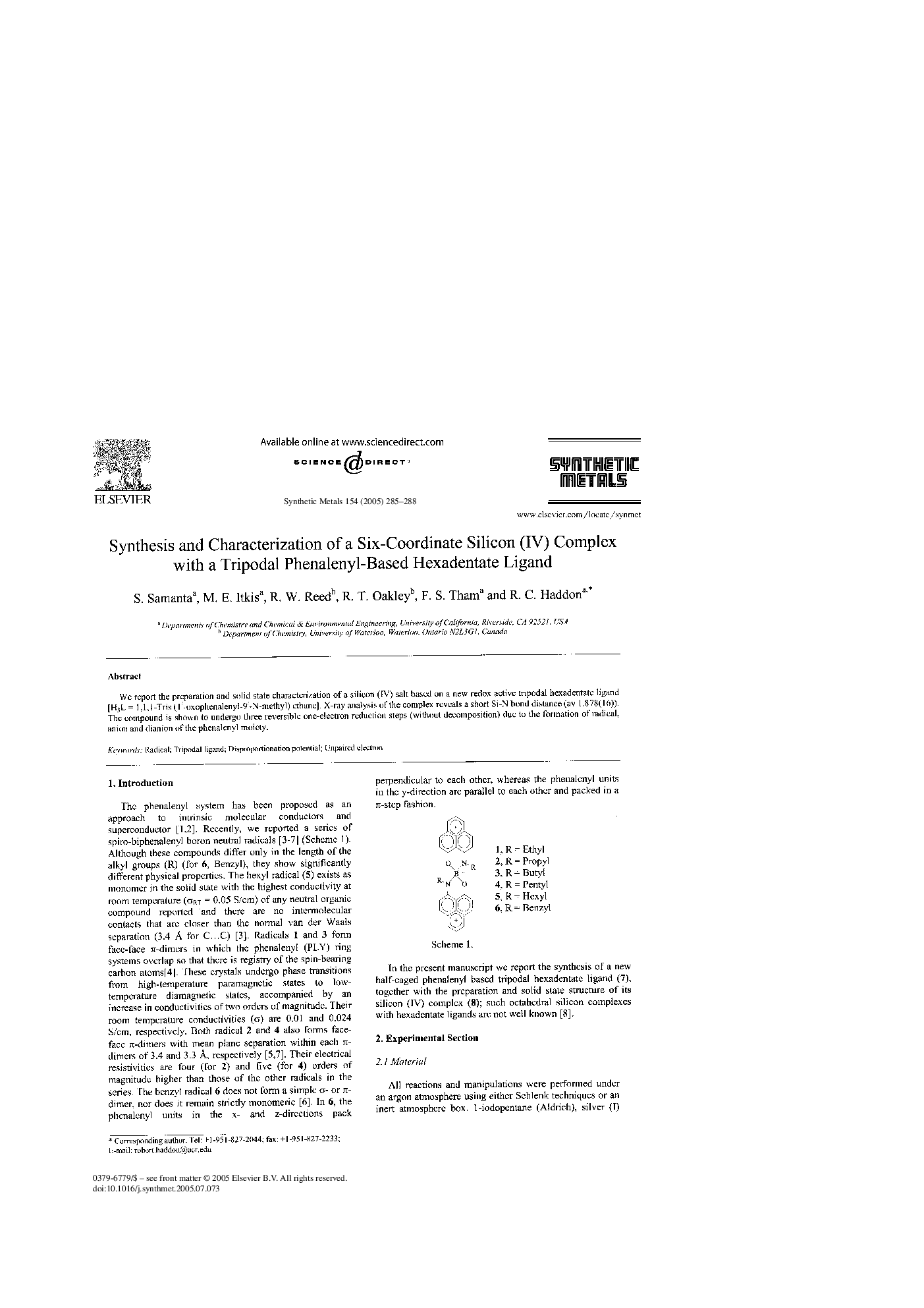 Synthesis and Characterization of a Six-Coordinate Silicon (IV) Complex with a Tripodal Phenalenyl-Based Hexadentate Ligand