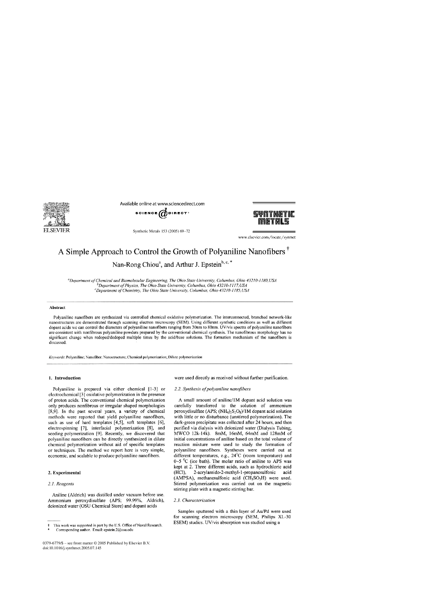 A Simple Approach to Control the Growth of Polyaniline Nanofibers