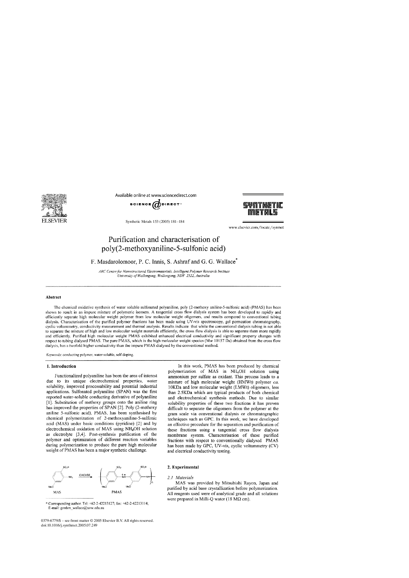 Purification and characterisation of poly(2-methoxyaniline-5-sulfonicacid acid)