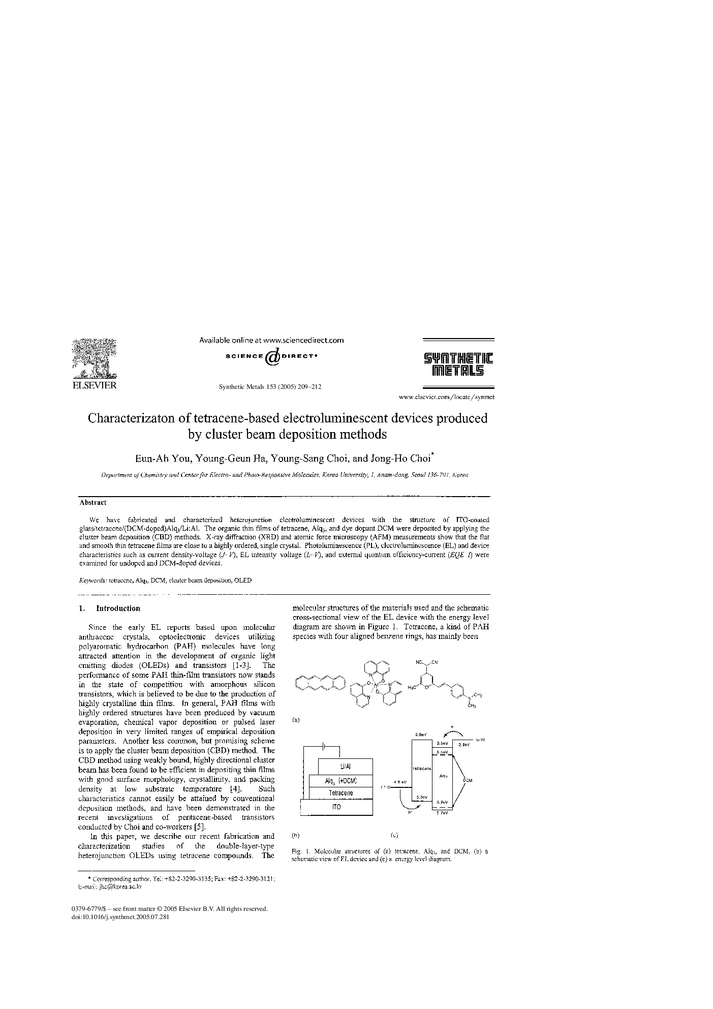 Characterizaton of tetracene-based electroluminescent devices produced by cluster beam deposition methods