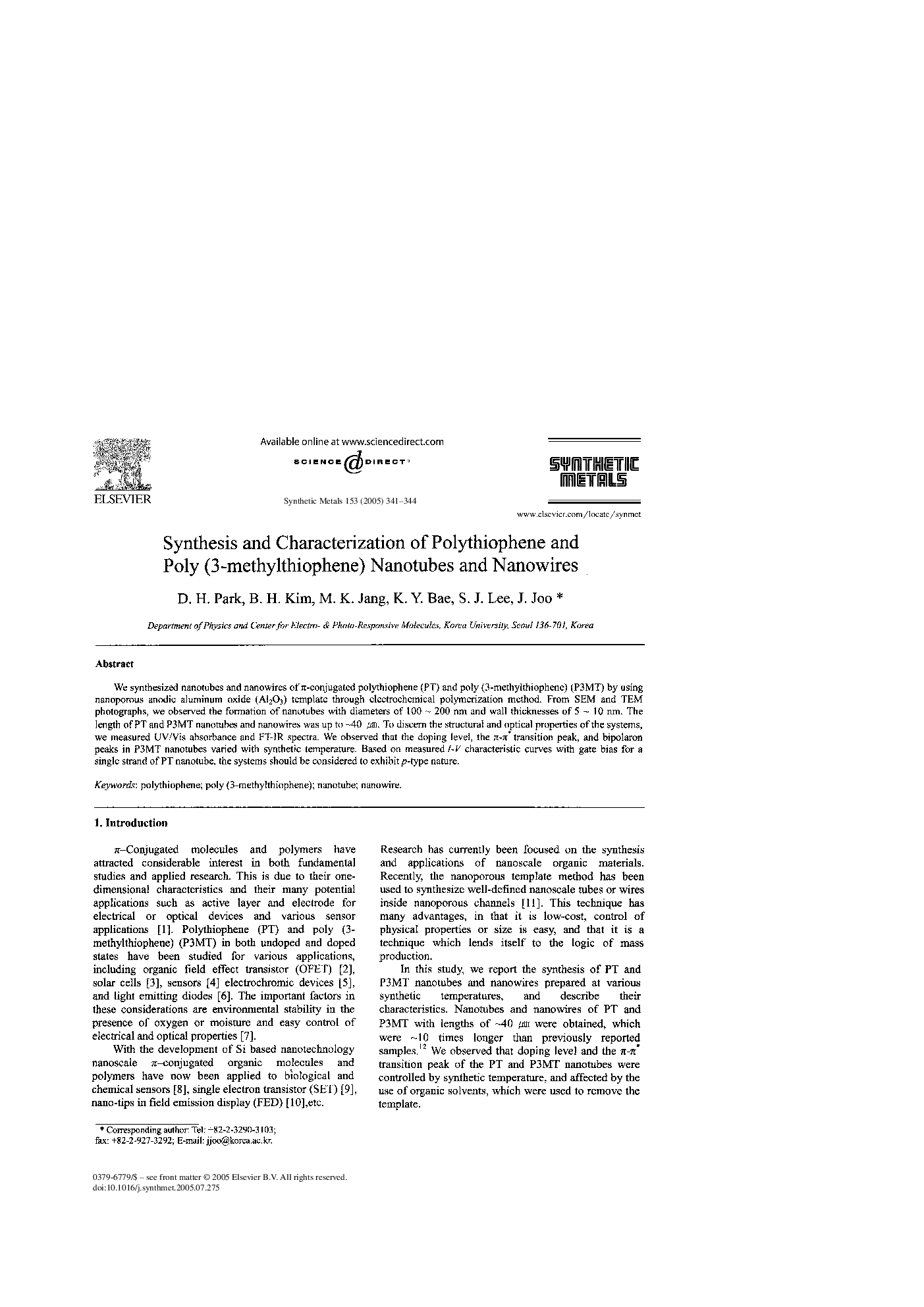 Synthesis and Characterization of Polythiophene and Poly (3-methylthiophene) Nanotubes and Nanowires