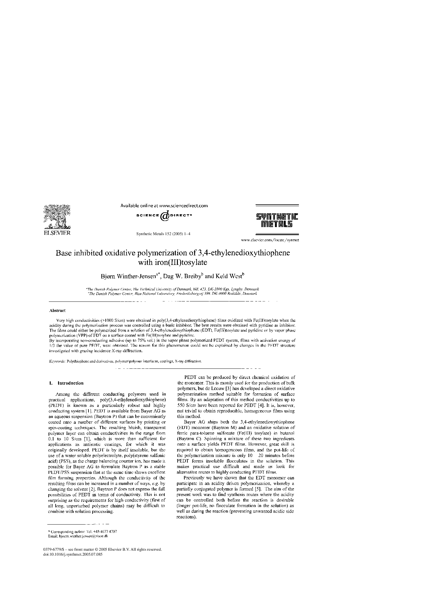 Base inhibited oxidative polymerization of 3,4-ethylenedioxythiophene with iron(III)tosylate