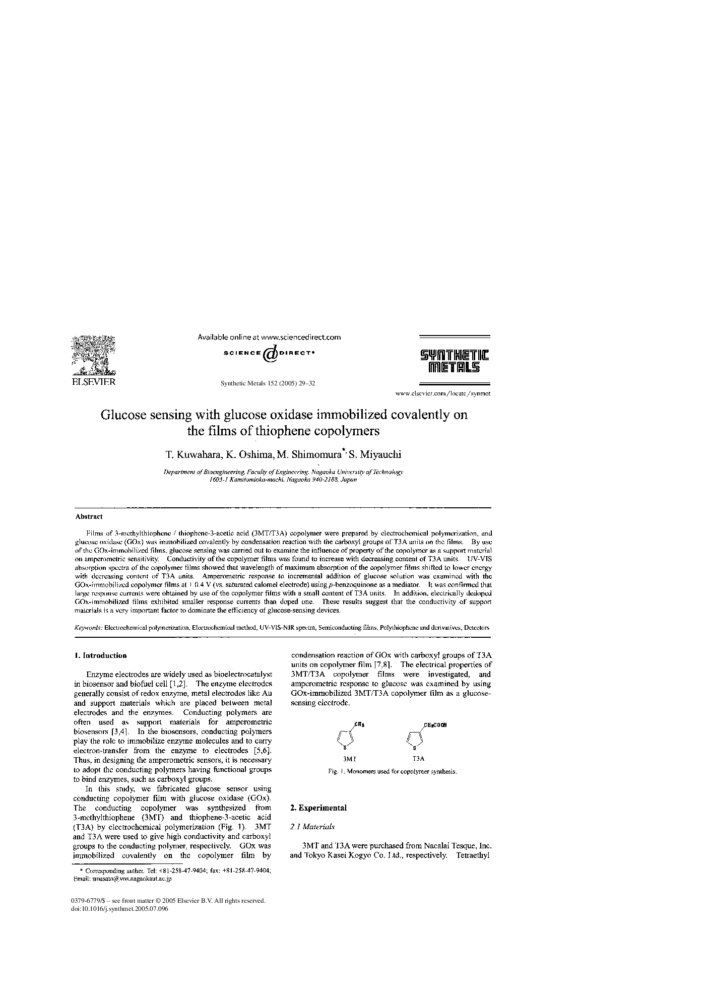 Glucose sensing with glucose oxidase immobilized covalently on the films of thiophene copolymers