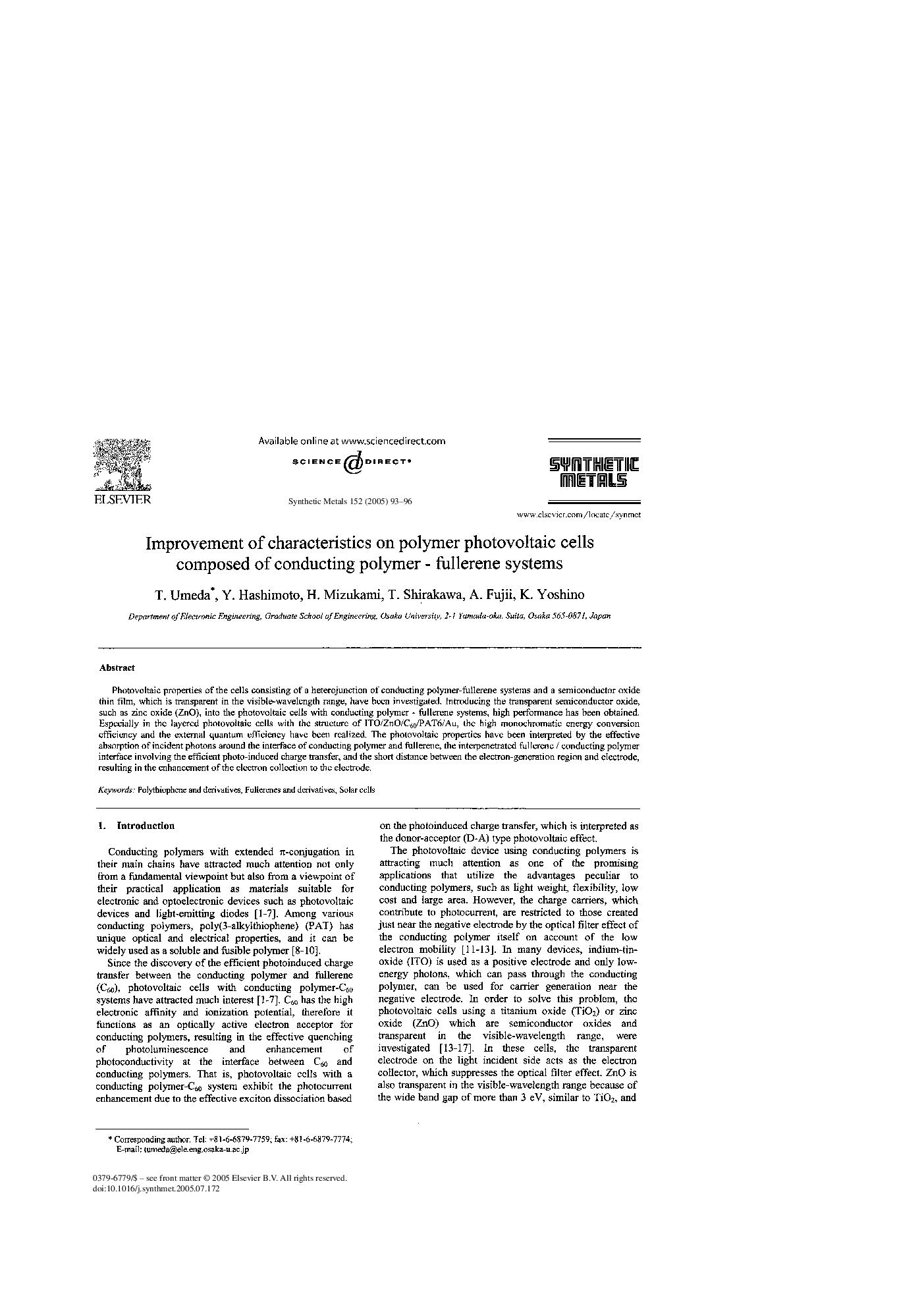 Improvement of characteristics on polymer photovoltaic cells composed of conducting polymer - fullerene systems