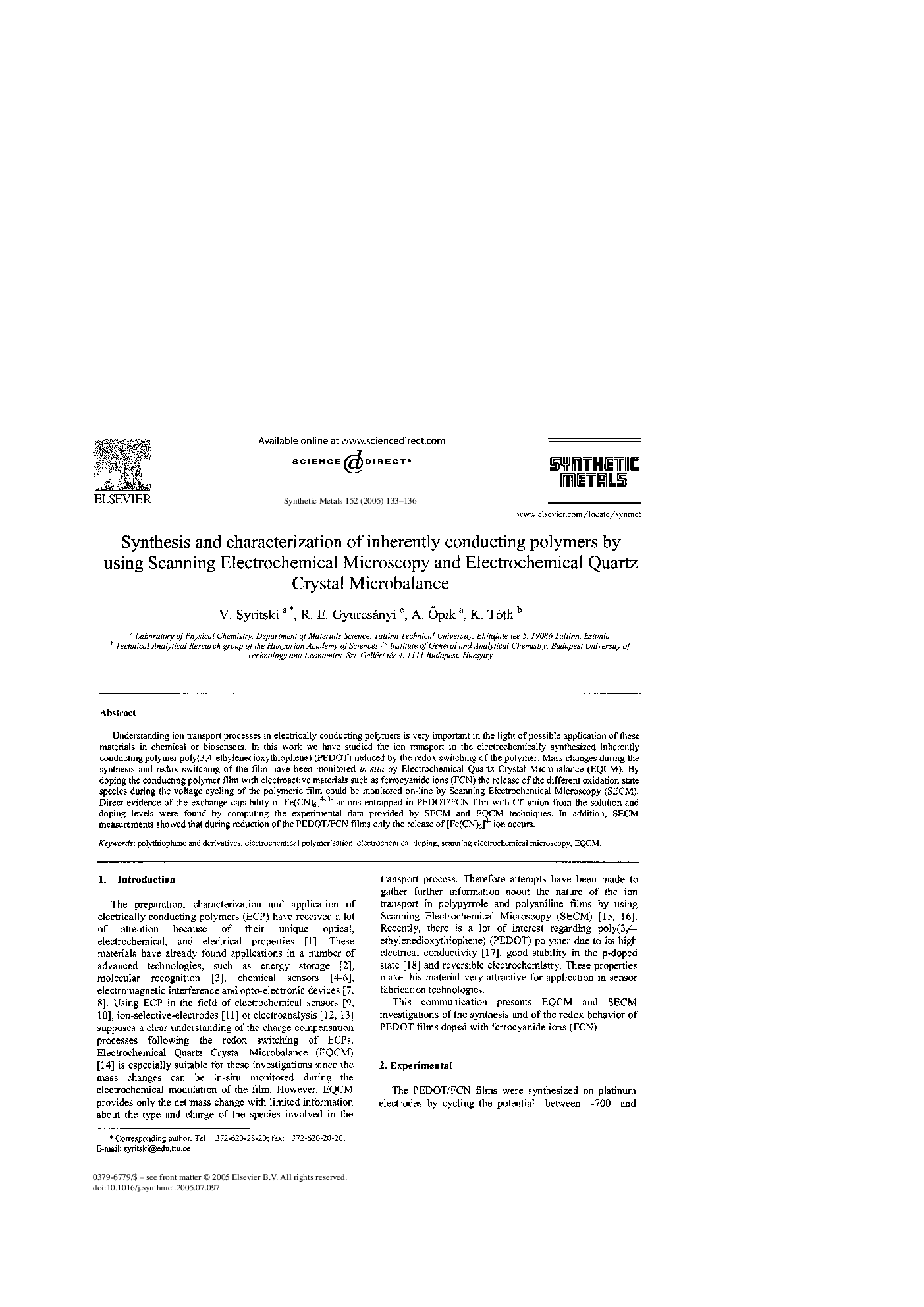 Synthesis and characterization of inherently conducting polymers by using Scanning Electrochemical Microscopy and Electrochemical Quartz Crystal Microbalance