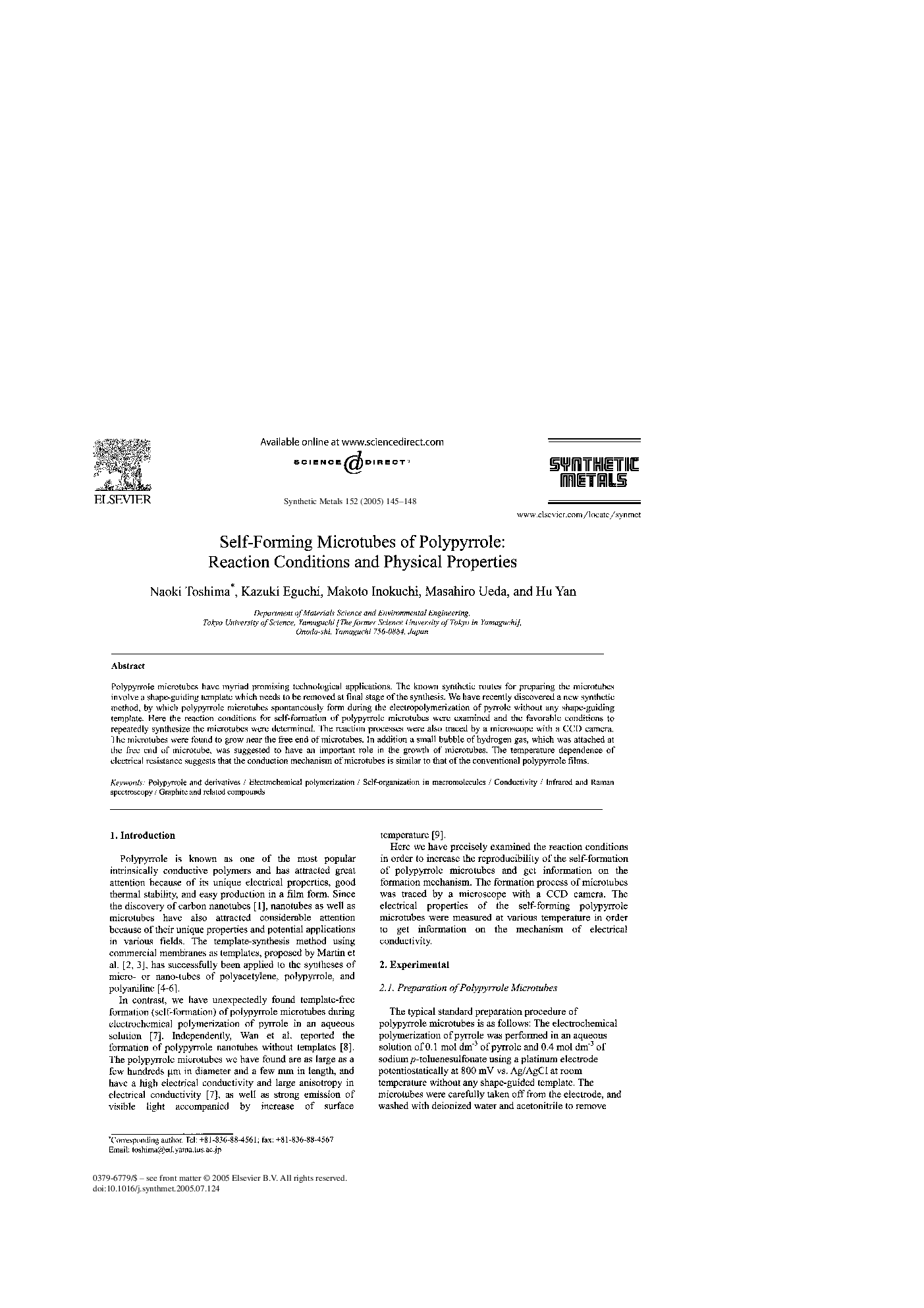 Self-Forming Microtubes of Polypyrrole: Reaction Conditions and Physical Properties