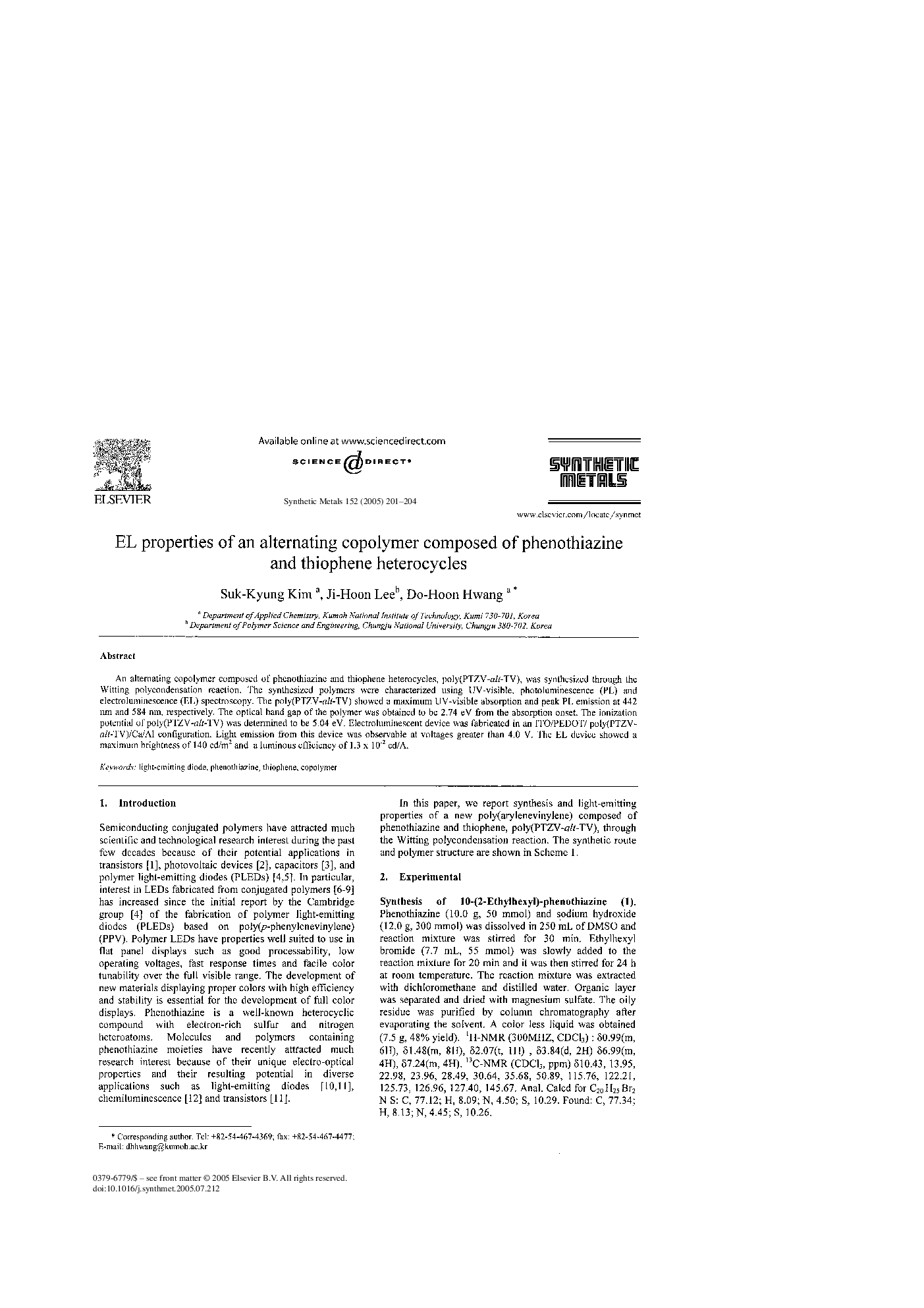 EL properties of an alternating copolymer composed of phenothiazine and thiophene heterocycles