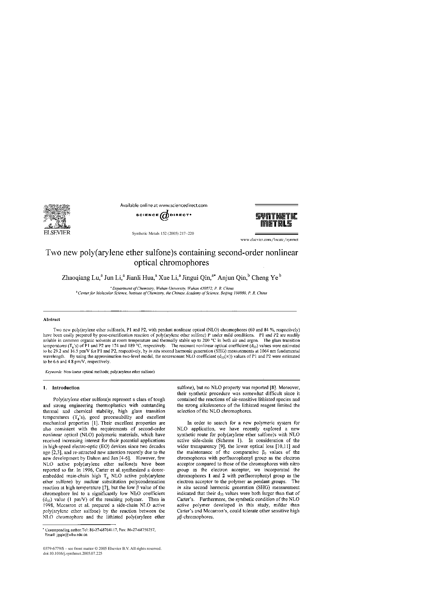 Two new poly(arylene ether sulfone)s containing second-order nonlinear optical chromophores